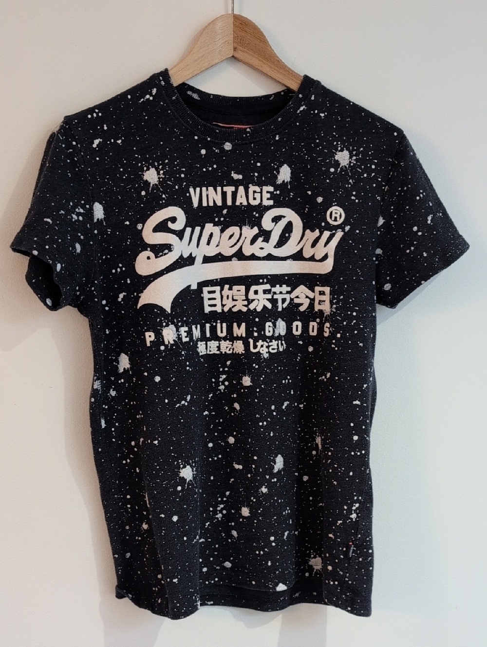 Vintage SuperDry Designer Navy Splatter Logo Tee Size Small